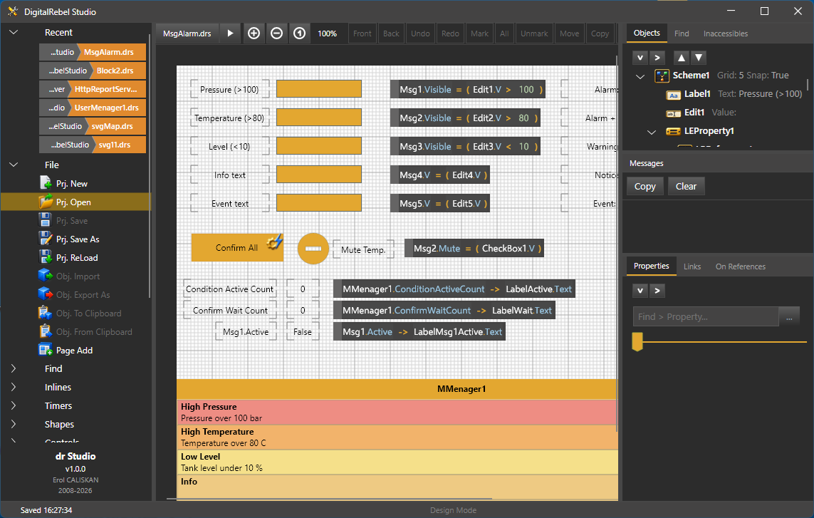 An alarm project in the Designer: Pressure, Temperature and Level edits, each driving a message's condition, a Confirm All button, a Mute checkbox, active and waiting counters, and below them the message list showing High Pressure in red, High Temperature in orange and Low Level in yellow.