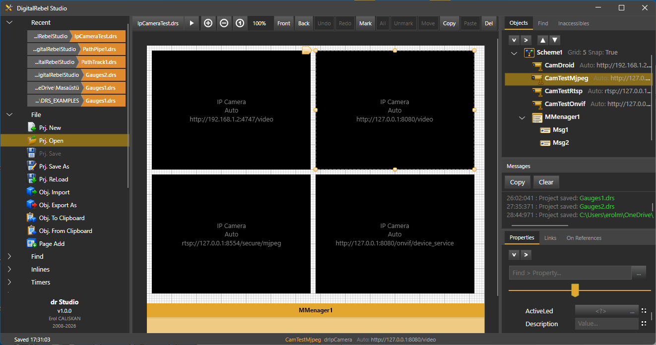 Four IP cameras arranged on one panel.