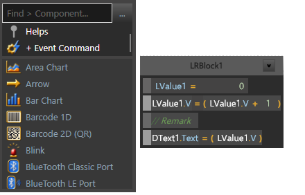 The component search popup listing Area Chart, Arrow, Bar Chart, Barcode 1D and 2D, Blink and Bluetooth ports, beside a rung block containing the statements LValue1 = 0, LValue1.V = ( LValue1.V + 1 ), a remark line, and DText1.Text = ( LValue1.V ).