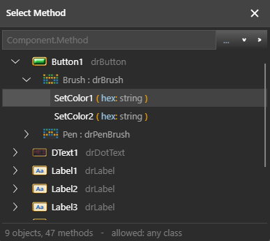 The Select Method dialog: a tree of Button1 with its Brush sub-object exposing SetColor1 and SetColor2 taking a hex string, plus Pen, DText1 and several Label objects. The status line reads nine objects, forty-seven methods.