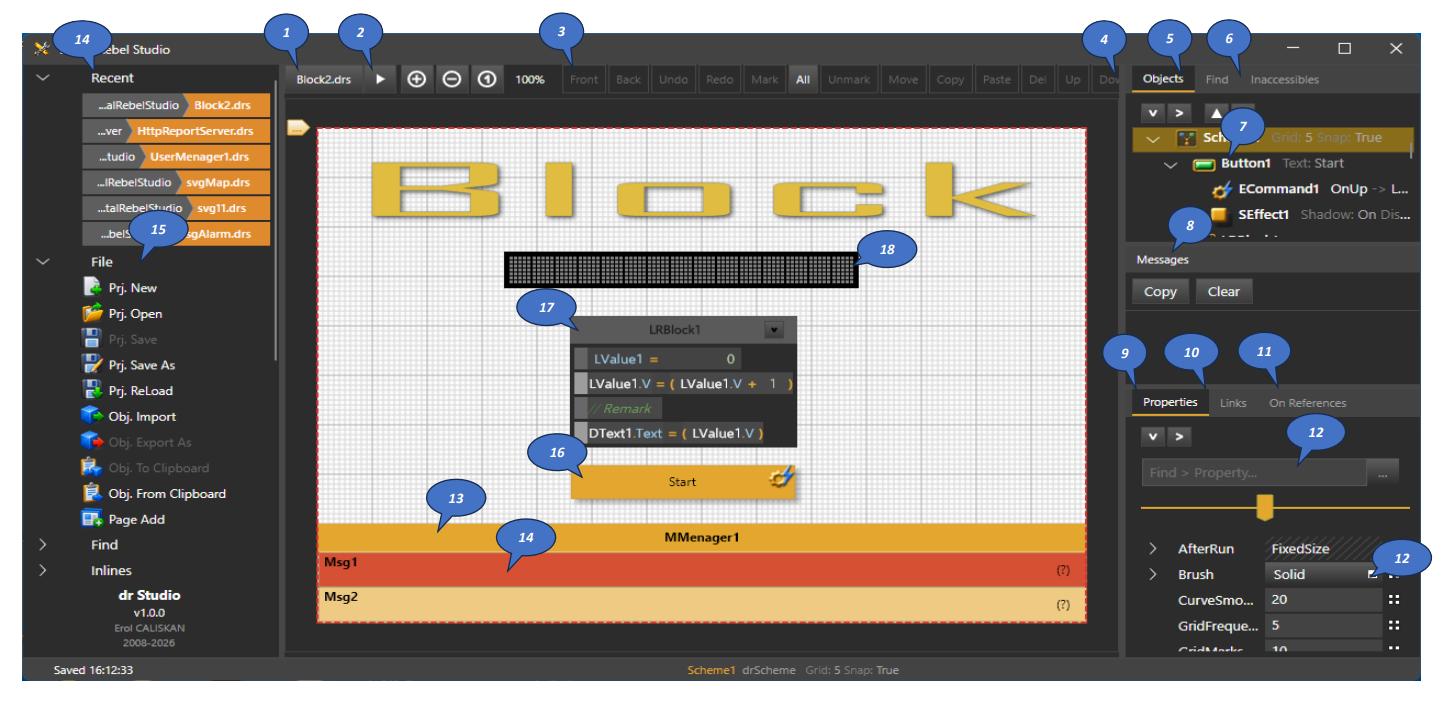 The DRS Designer with numbered callouts: recent projects and file commands on the left; the project tab, run button and editing toolbar at the top; a panel canvas in the middle holding a dot-matrix display, a rung block, a Start button and a message list; the object tree, find, messages, properties, links and references on the right.