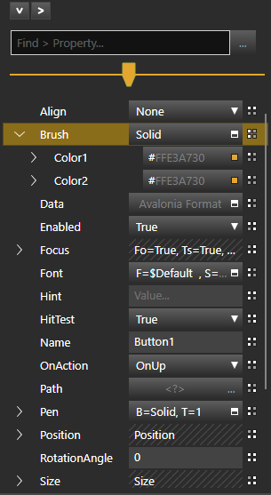 The property editor showing a Button's properties: Align, an expanded Brush with Color1 and Color2 colour swatches, Data, Enabled, Focus, Font, Hint, HitTest, Name, OnAction, Path, Pen, Position, RotationAngle and Size.