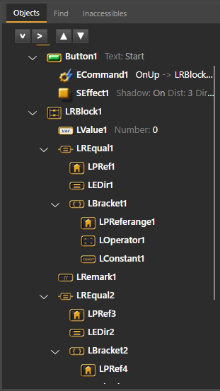 The object tree: Button1 holding an event command and a shadow effect, then LRBlock1 containing a value, an equality statement with its property reference, direction and bracket, and inside that bracket a property reference, an operator and a constant, followed by a remark and a second statement.