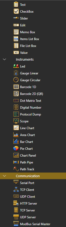 The component toolbox tree with the Instruments category expanded, showing Led, Gauge Linear, Gauge Circular, Barcode 1D and 2D, Dot Matrix Text, Digital Number, Protocol Dump, Scope, Line, Area, Bar and Pie charts, Chart Panel, Path Pipe and Path Track, followed by the Communication category.
