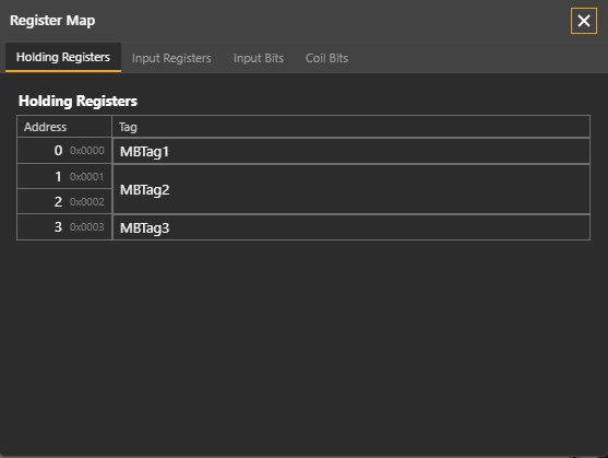 The Register Map window with tabs for Holding Registers, Input Registers, Input Bits and Coil Bits, listing addresses 0 to 3 against the tags MBTag1, MBTag2 and MBTag3.