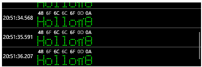 The protocol dump showing timestamped rows, the raw hex bytes 48 6F 6C 6C 6F 0D 0A, and the decoded text rendered on a dot-matrix display.