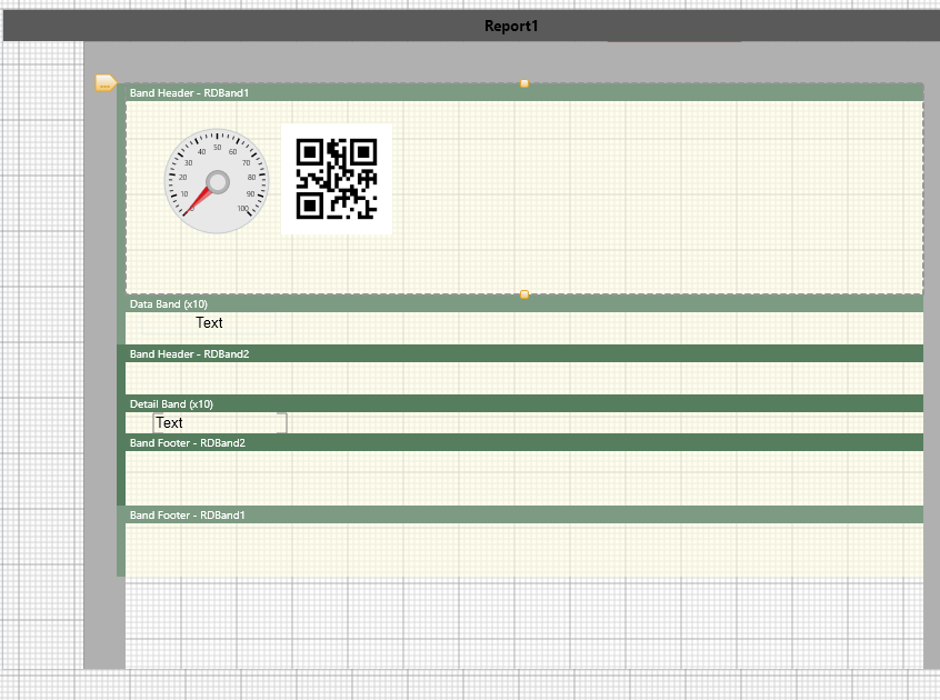 The report designer: green band strips labelled Band Header RDBand1, Data Band times ten, Band Header RDBand2, Detail Band times ten, and the matching footers, with a gauge and a QR code placed inside the first band.